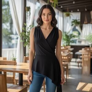 White House Black Market Black Asymmetrical Draped Sleeveless Blouse Size S